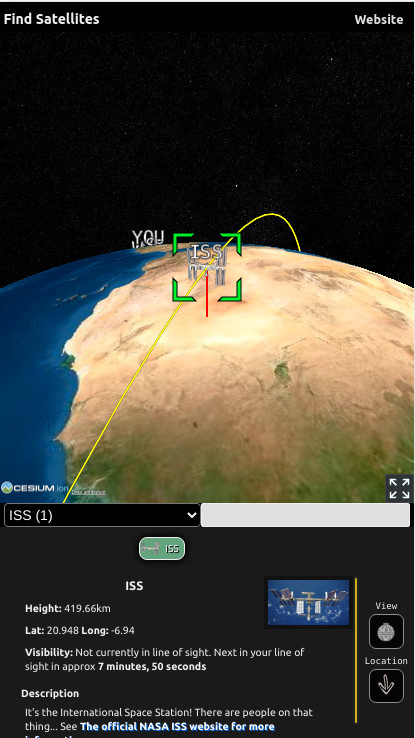 Find Satellites screenshot on a mobile display, centering the ISS